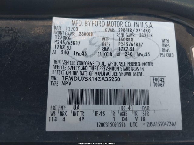 Aukcja sprzedaży 2004 Ford Explorer Limited, vin: 1FMDU75K14ZA35250, numer aukcji: 45980085