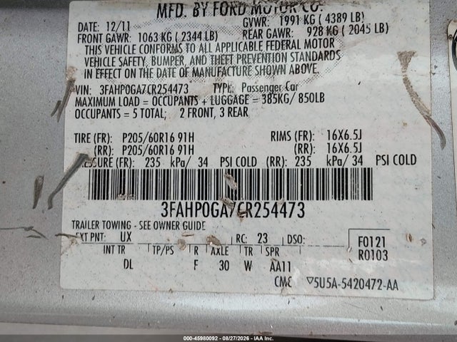 45980092 :رقم المزاد ، 3FAHP0GA7CR254473 vin ، 2012 Ford Fusion S مزاد بيع