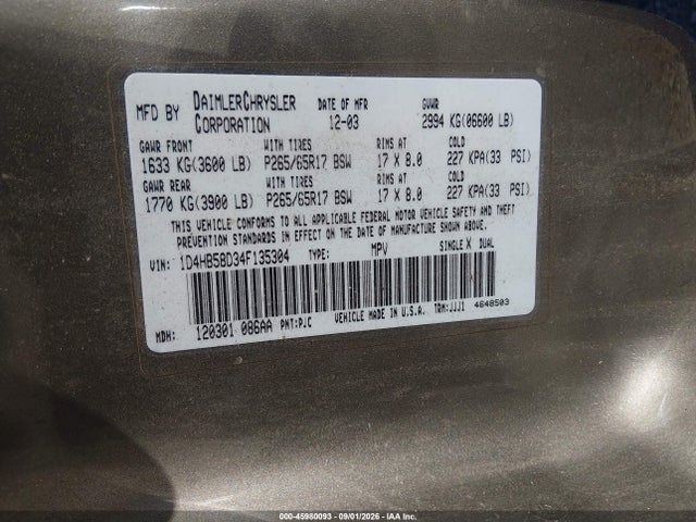 2004 Dodge Durango Limited მანქანა იყიდება აუქციონზე, vin: 1D4HB58D34F135304, აუქციონის ნომერი: 45980093