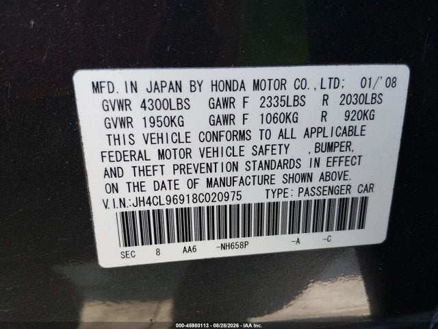 2008 Acura Tsx მანქანა იყიდება აუქციონზე, vin: JH4CL96918C020975, აუქციონის ნომერი: 45980113