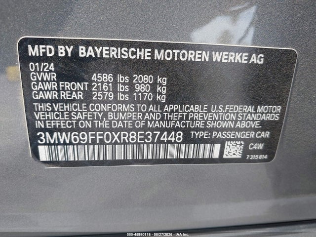 45980116 :رقم المزاد ، 3MW69FF0XR8E37448 vin ، 2024 Bmw 330i مزاد بيع