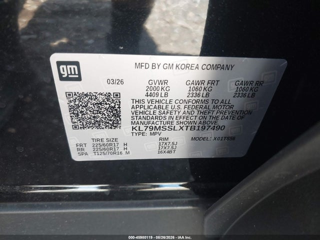 Aukcja sprzedaży 2026 Chevrolet Trailblazer Awd Activ, vin: KL79MSSLXTB197490, numer aukcji: 45980119