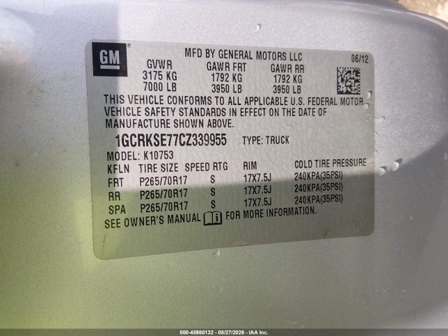 2012 Chevrolet Silverado 1500 Lt მანქანა იყიდება აუქციონზე, vin: 1GCRKSE77CZ339955, აუქციონის ნომერი: 45980132