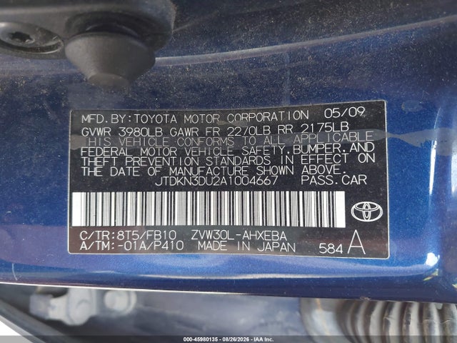 45980135 :رقم المزاد ، JTDKN3DU2A1004667 vin ، 2010 Toyota Prius Iii مزاد بيع