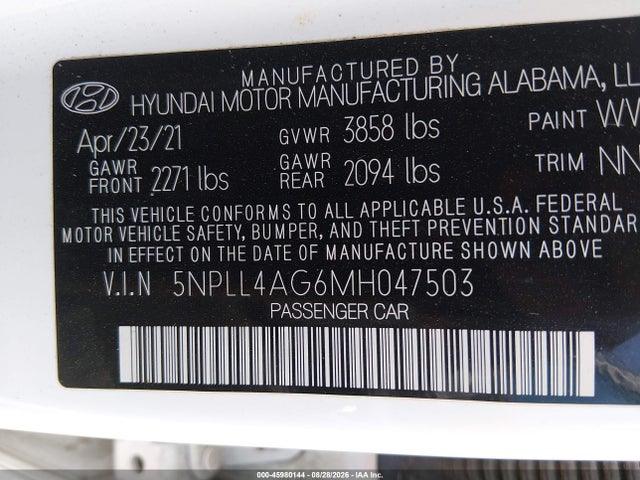 45980144 :رقم المزاد ، 5NPLL4AG6MH047503 vin ، 2021 Hyundai Elantra Se مزاد بيع