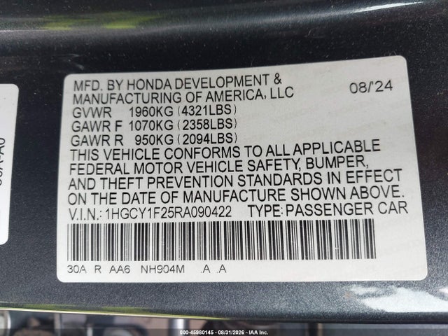 2024 Honda Accord Lx მანქანა იყიდება აუქციონზე, vin: 1HGCY1F25RA090422, აუქციონის ნომერი: 45980145