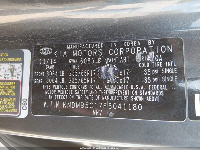 45980150 :رقم المزاد ، KNDMB5C17F6041180 vin ، 2015 Kia Sedona Lx مزاد بيع
