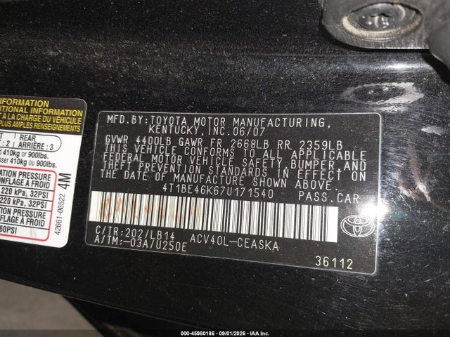 Продажа на аукционе авто 2007 Toyota Camry Se, vin: 4T1BE46K67U171540, номер лота: 45980186