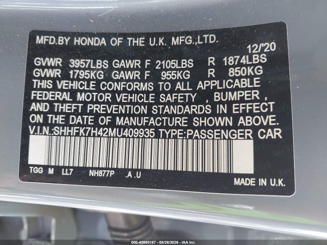 SHHFK7H42MU409935 Honda Civic Sport
