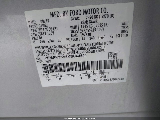 Продаж на аукціоні авто 2019 Ford Edge Titanium, vin: 2FMPK3K95KBC64544, номер лоту: 45980189