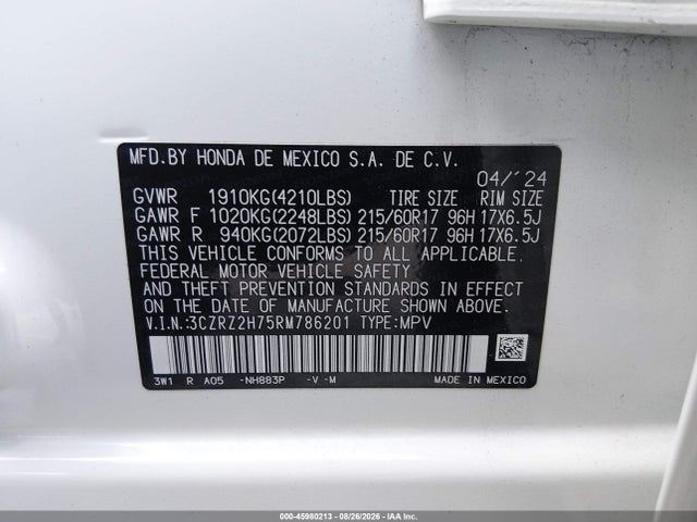 Продажа на аукционе авто 2024 Honda Hr-v, vin: 3CZRZ2H75RM786201, номер лота: 45980213