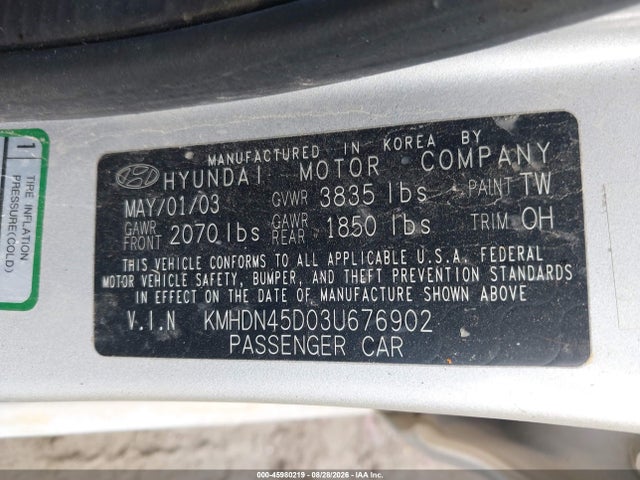 Продаж на аукціоні авто 2003 Hyundai Elantra Gls/gt, vin: KMHDN45D03U676902, номер лоту: 45980219