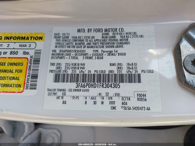 Продаж на аукціоні авто 2015 Ford Fusion Se, vin: 3FA6P0HD1FR304305, номер лоту: 45980229