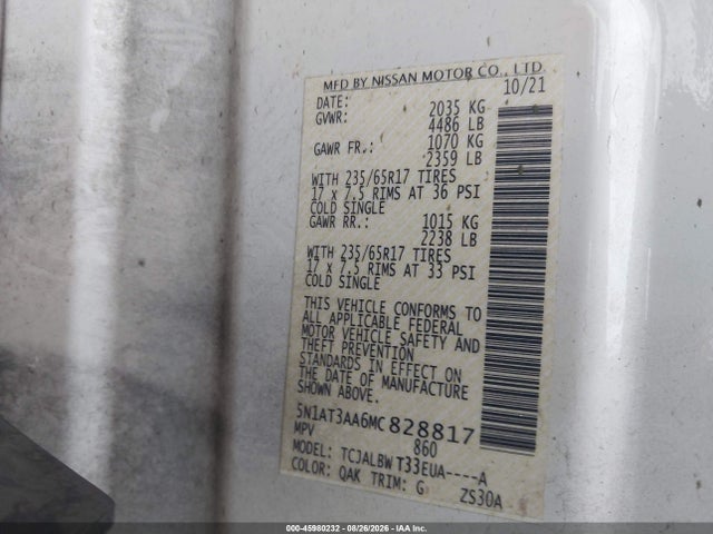 Продаж на аукціоні авто 2021 Nissan Rogue S Fwd, vin: 5N1AT3AA6MC828817, номер лоту: 45980232