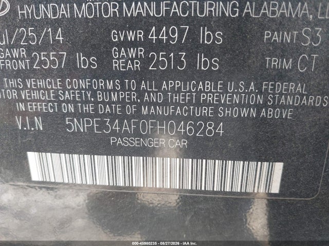 2015 Hyundai Sonata Sport მანქანა იყიდება აუქციონზე, vin: 5NPE34AF0FH046284, აუქციონის ნომერი: 45980235