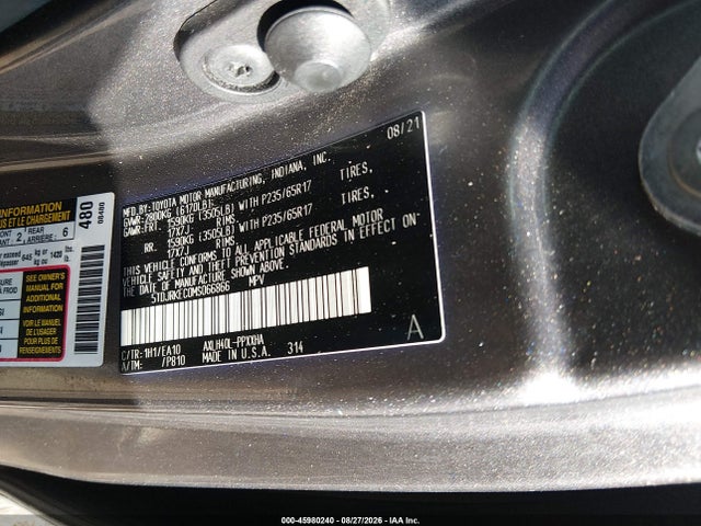45980240 :رقم المزاد ، 5TDJRKEC0MS066866 vin ، 2021 Toyota Sienna Xle مزاد بيع