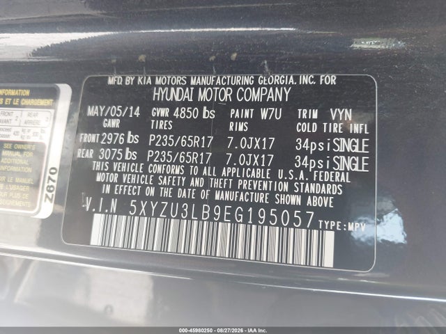 45980250 :رقم المزاد ، 5XYZU3LB9EG195057 vin ، 2014 Hyundai Santa Fe Sport 2.4l مزاد بيع