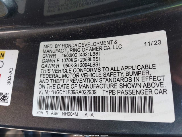 Продаж на аукціоні авто 2024 Honda Accord Ex, vin: 1HGCY1F39RA022939, номер лоту: 45980254