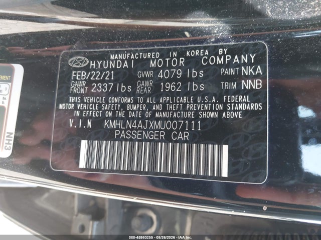 45980255 :رقم المزاد ، KMHLN4AJXMU007111 vin ، 2021 Hyundai Elantra Hybrid Limited مزاد بيع