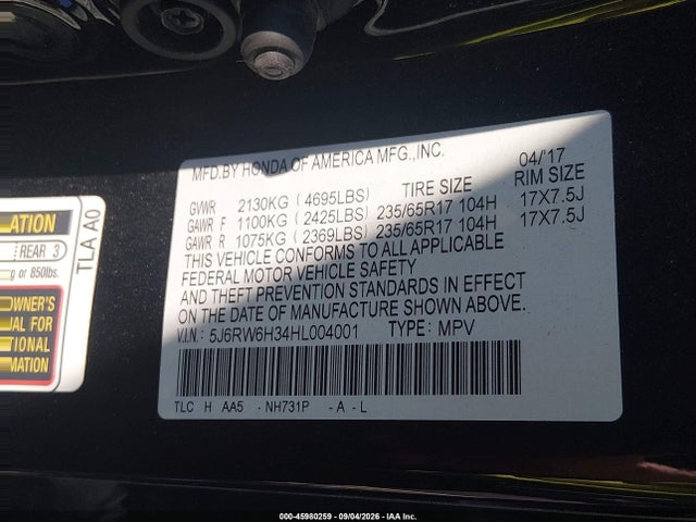 45980259 :رقم المزاد ، 5J6RW6H34HL004001 vin ، 2017 Honda Cr-v Lx مزاد بيع