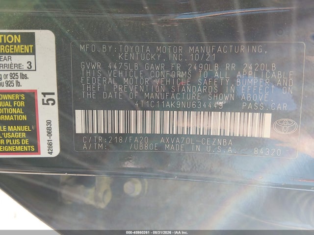 Toyota CAMRY LE 2022 4T1C11AK9NU634449 Image 9