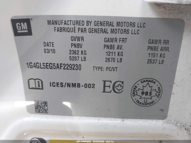 2010 Buick Lacrosse Cxl მანქანა იყიდება აუქციონზე, vin: 1G4GL5EG5AF229230, აუქციონის ნომერი: 45980262