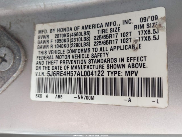 2010 Honda Cr-v Ex მანქანა იყიდება აუქციონზე, vin: 5J6RE4H57AL004122, აუქციონის ნომერი: 45980310