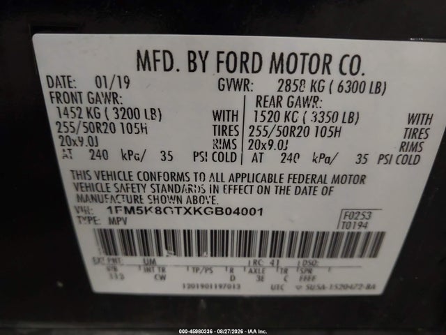 Aukcja sprzedaży 2019 Ford Explorer Sport, vin: 1FM5K8GTXKGB04001, numer aukcji: 45980336