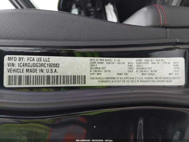 2024 Dodge Durango Gt Plus Awd მანქანა იყიდება აუქციონზე, vin: 1C4RDJDG3RC192082, აუქციონის ნომერი: 45980360