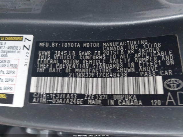 Aukcja sprzedaży 2007 Toyota Matrix, vin: 2T1KR32E17C648438, numer aukcji: 45980367
