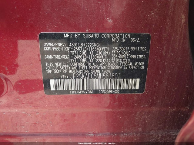 2021 Subaru Forester Premium მანქანა იყიდება აუქციონზე, vin: JF2SKAFC5MH561801, აუქციონის ნომერი: 45980373