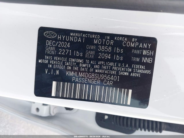 45980378 :رقم المزاد ، KMHLM4DG8SU956401 vin ، 2025 Hyundai Elantra Sel Sport مزاد بيع