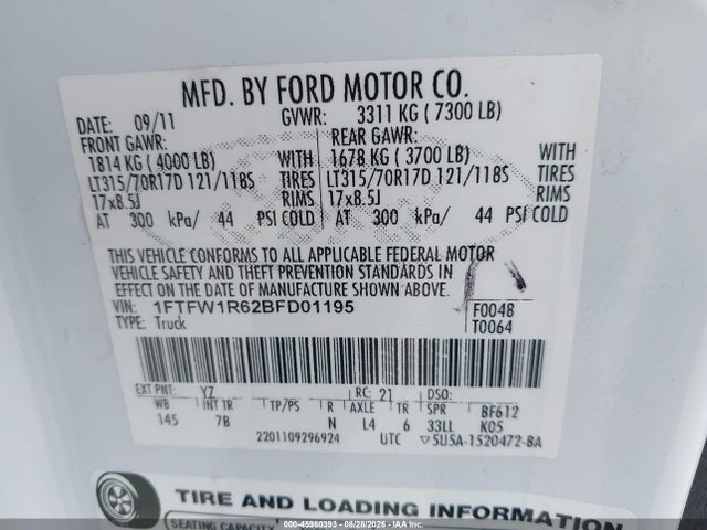 Продажа на аукционе авто 2011 Ford F-150 Svt Raptor, vin: 1FTFW1R62BFD01195, номер лота: 45980393