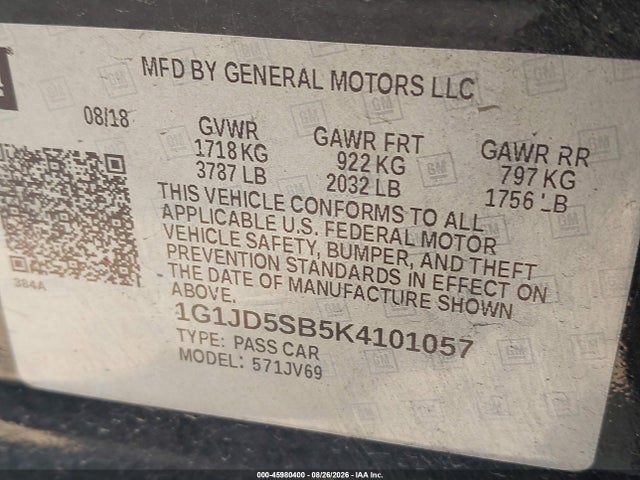 2019 Chevrolet Sonic Lt Auto მანქანა იყიდება აუქციონზე, vin: 1G1JD5SB5K4101057, აუქციონის ნომერი: 45980400