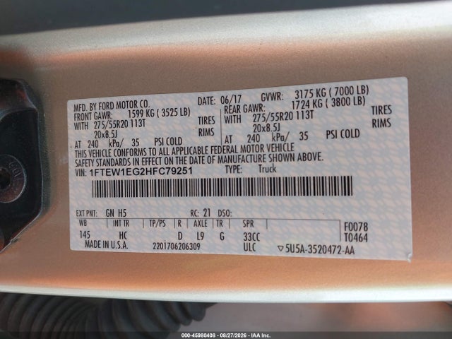 Продажа на аукционе авто 2017 Ford F-150 Lariat, vin: 1FTEW1EG2HFC79251, номер лота: 45980408