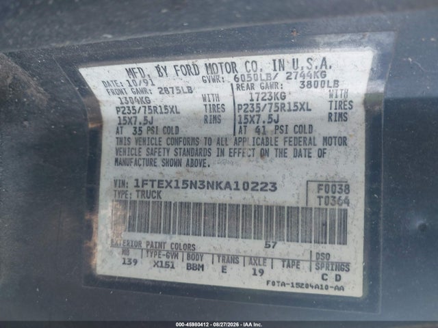 45980412 :رقم المزاد ، 1FTEX15N3NKA10223 vin ، 1992 Ford F150 مزاد بيع