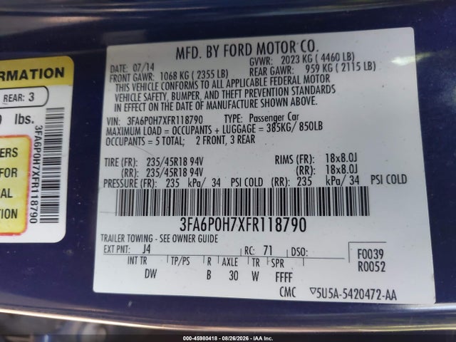Aukcja sprzedaży 2015 Ford Fusion Se, vin: 3FA6P0H7XFR118790, numer aukcji: 45980418