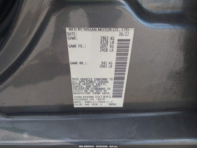 2022 Nissan Altima Sl Fwd მანქანა იყიდება აუქციონზე, vin: 1N4BL4EVXNN397891, აუქციონის ნომერი: 45980420