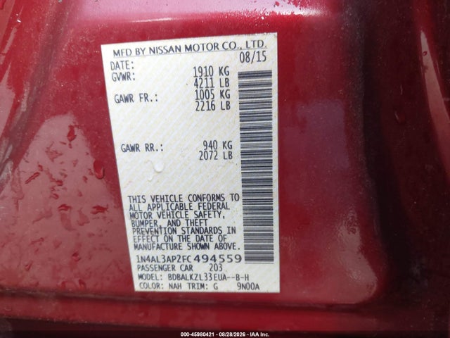 45980421 :رقم المزاد ، 1N4AL3AP2FC494559 vin ، 2015 Nissan Altima 2.5 Sv مزاد بيع