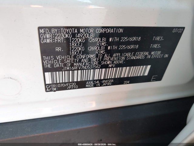 JTM16RFV7ND531562 Toyota Rav4 Hybrid Se