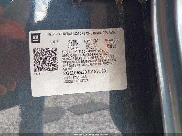 Продажа на аукционе авто 2018 Chevrolet Impala 1lt, vin: 2G1105S30J9137139, номер лота: 45980429