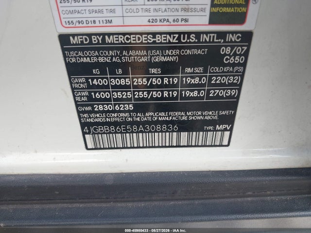 Продажа на аукционе авто 2008 Mercedes-benz Ml 350 4matic, vin: 4JGBB86E58A308836, номер лота: 45980433