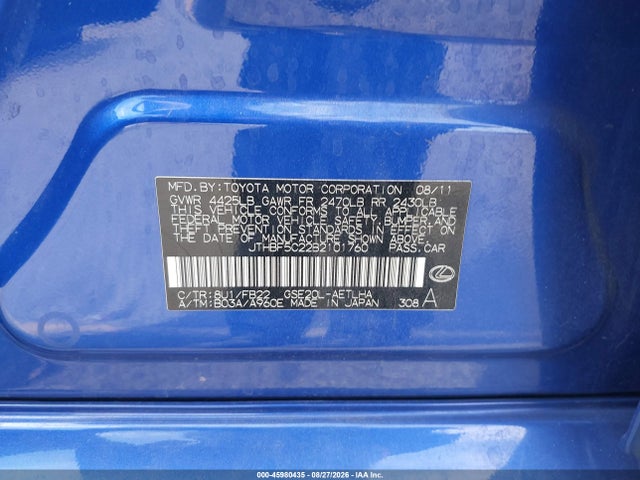 45980435 :رقم المزاد ، JTHBF5C22B2101760 vin ، 2011 Lexus Is 250 مزاد بيع