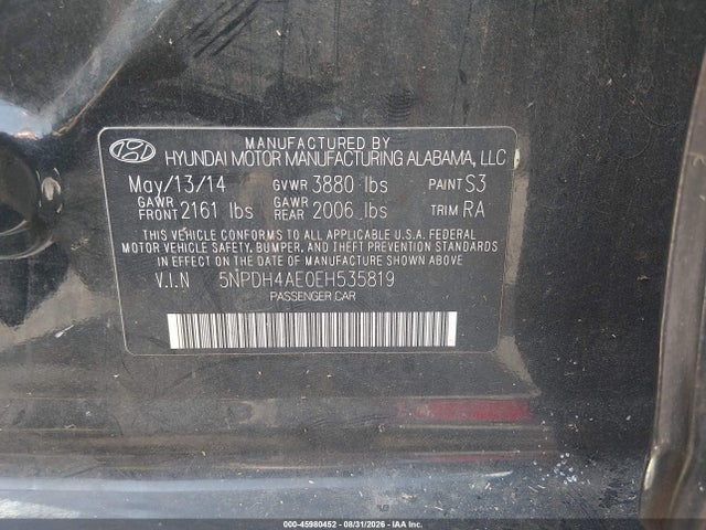 45980452 :رقم المزاد ، 5NPDH4AE0EH535819 vin ، 2014 Hyundai Elantra Se مزاد بيع