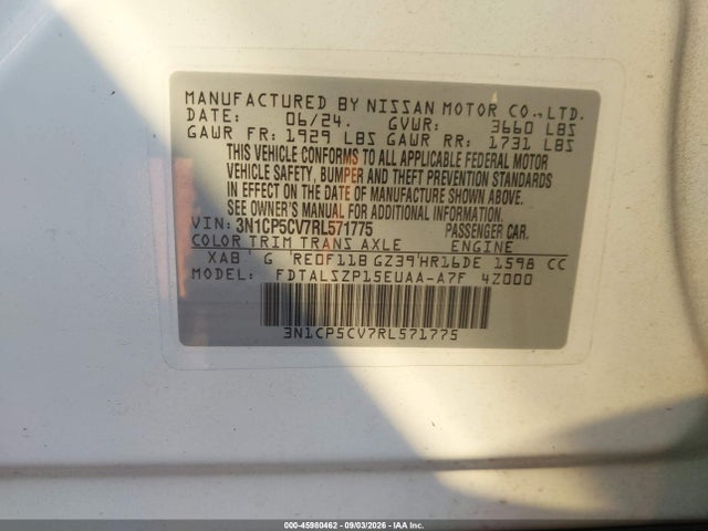 2024 Nissan Kicks Sv Xtronic Cvt მანქანა იყიდება აუქციონზე, vin: 3N1CP5CV7RL571775, აუქციონის ნომერი: 45980462