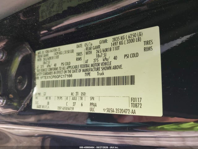 Продаж на аукціоні авто 2016 Ford F-150 Xlt, vin: 1FTEX1CP0GFC17166, номер лоту: 45980464