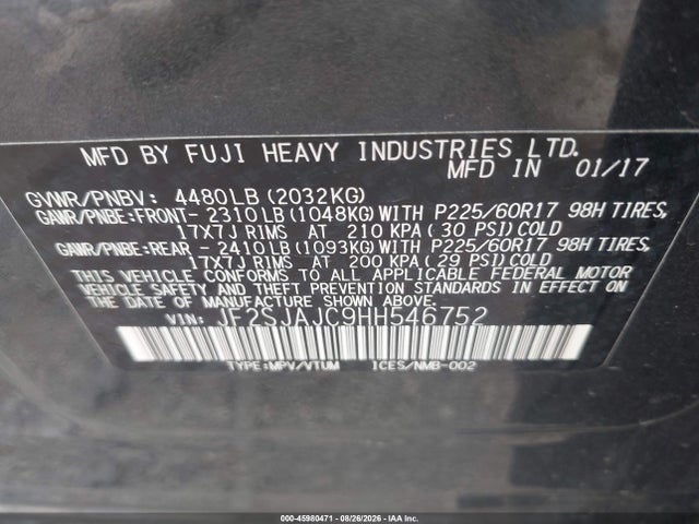 Продажа на аукционе авто 2017 Subaru Forester 2.5i Limited, vin: JF2SJAJC9HH546752, номер лота: 45980471