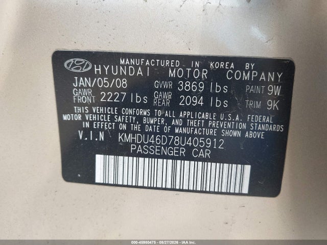 Продажа на аукционе авто 2008 Hyundai Elantra Gls/se, vin: KMHDU46D78U405912, номер лота: 45980475