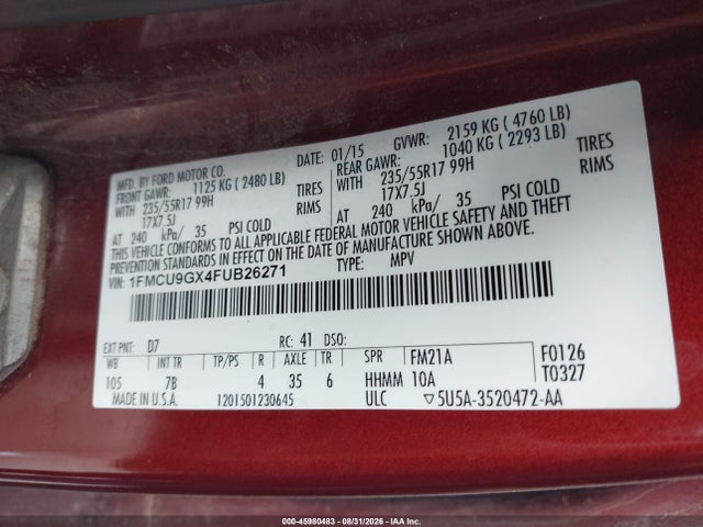Продажа на аукционе авто 2015 Ford Escape Se, vin: 1FMCU9GX4FUB26271, номер лота: 45980483