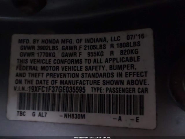 45980484 :رقم المزاد ، 19XFC1F37GE035595 vin ، 2016 Honda Civic Ex-t مزاد بيع